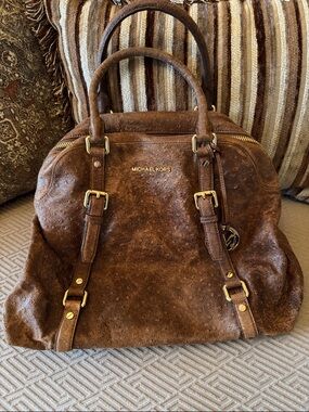 Michael Kors Brown Ostrich-Embossed Satchel with Gold Hardware